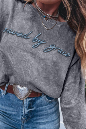 High-rise saved by grace Letter Embroidery Mineral Wash Loose Sweatshirt - Image 4