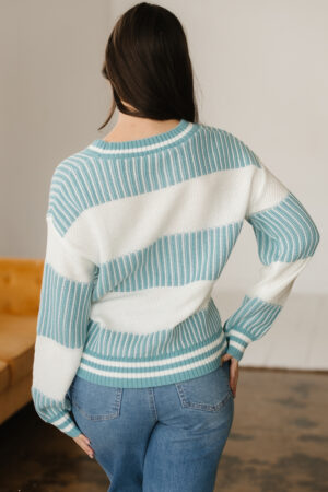 Light Blue Two Tone Striped Patchwork Drop Shoulder Loose Sweater - Image 15