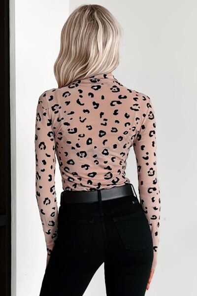 Alternative view of Khaki Mock Neck Sheer Mesh Leopard Long Sleeve Bodysuit