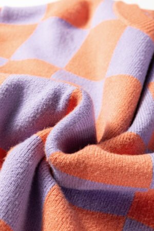 Grapefruit Orange Checkered Pattern Ribbed Trim Knit Baggy Sweater - Image 10