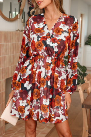 Red Floral Print Wrap V Neck Puff Sleeve Flowy Mini Dress - Image 15