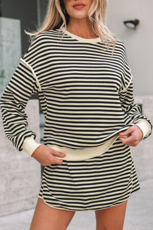 Black Stripe Textured Drop Shoulder Pullover Top Drawstring Mini Skirt Two Piece Dress Set - Image 8
