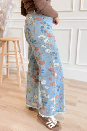 Sky Blue Floral Printed Raw Hem Shift Jeans - Image 3