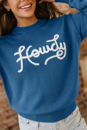 Alternative view of Dusk Blue Howdy Embroidered Graphic Western Sweater