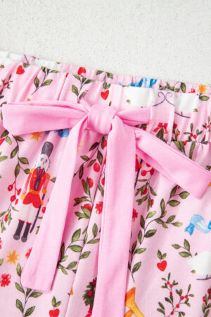 Pink Nutcracker Doll Christmas Print Ribbon Tie Waist Short 2pcs Pajama Set - Image 19