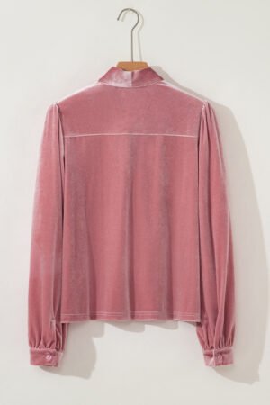 Fushia Solid Color Velvet Ribbon Bow Knot Long Sleeve Blouse - Image 6