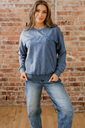 Real Teal saved by grace Letter Embroidery Mineral Wash Loose Sweatshirt - Image 16