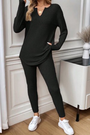 Black Ribbed Notched Neck Knit Long Sleeve Leggings Two Pieces Lounge Set - Image 5