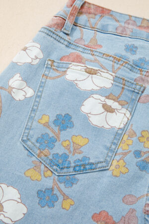 Sky Blue Floral Printed Raw Hem Shift Jeans - Image 12