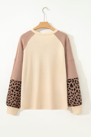 Light French Beige Leopard Star Color Block Patchwork Textured Baggy Sweatshirt - Image 6
