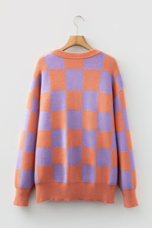 Grapefruit Orange Checkered Pattern Ribbed Trim Knit Baggy Sweater - Image 7
