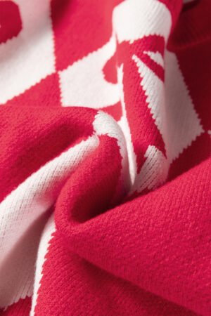 Red Bow Print 2-tone Rhombus Knit Loose Sweater - Image 16