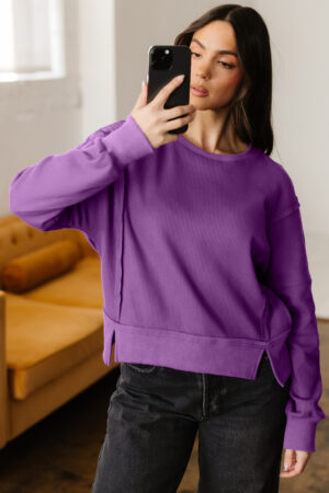 Orchid Mist Solid Color Raw Seam Patchwork Ribbed Drop Shoulder Sweatshirt - Image 17
