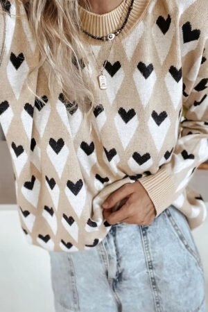 Parchment Geometric Heart Print Ribbed Trim Loose Sweater - Image 3