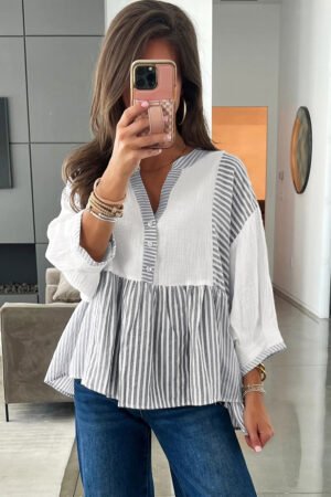 Gray Stripe Half Button Gauze Patchwork Bracelet Sleeve Babydoll Blouse - Image 4