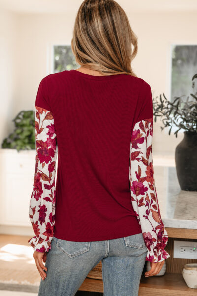 Alternative view of Wild Ginger Contrast Floral Sleeve Solid Ribbed Body Patchwork Long Sleeve Top