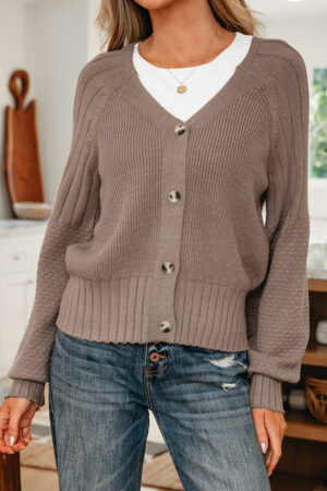 Goat Mixed Texture Knit Button V Neck Sweater Cardigan - Image 19