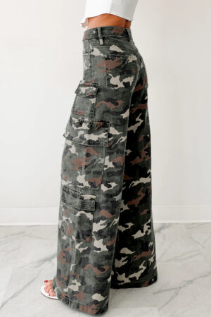 Green Camo Denim Cargo Wide Leg Pants - Image 3