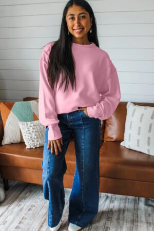 Pink Horizontal Ribbed Exposed Seam Detail Drop Shoulder Baggy Pullover - Image 3
