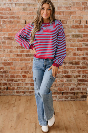 Red Stripe Exposed Seam Contrast Ribbed Trim Oversize Sweatshirt - Image 12