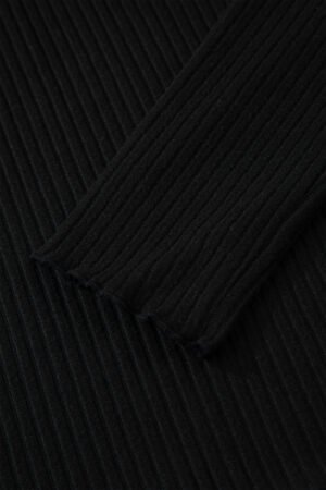 Black Lace Neckline Button Decor Lettuce Edge Long Sleeve Ribbed Top - Image 12