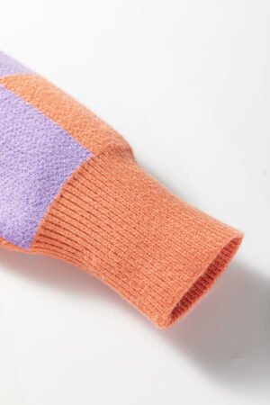 Grapefruit Orange Checkered Pattern Ribbed Trim Knit Baggy Sweater - Image 9