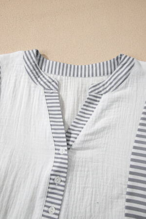 Gray Stripe Half Button Gauze Patchwork Bracelet Sleeve Babydoll Blouse - Image 12