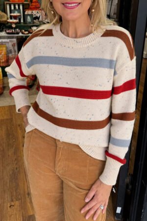 Beige Stripe Exposed Seam Drop Shoulder Heathered Knit Sweater