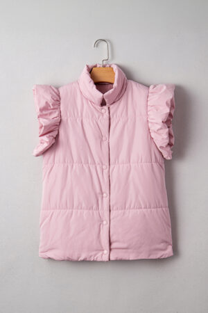 Pink Stand Neck Flutter Sleeve Snap Button Puffer Vest - Image 6