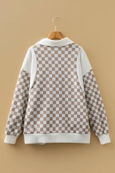 Alternative view of Khaki Checkered Print Quarter Zip Ribbed Patchwork Loose Sweatshirt