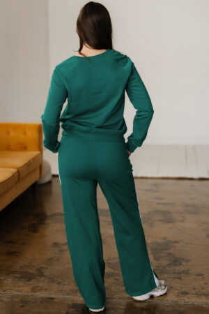 Sea Green Solid Color Pullover Top Varsity Stripe Detail Loose Drawstring Pants Set - Image 4