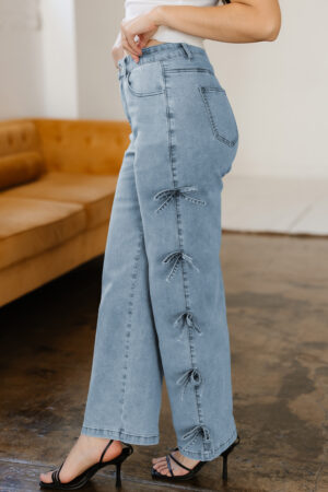 Beau Blue Bow Knot Side Detail Straight Leg Loose Jeans - Image 8