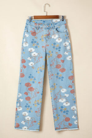Sky Blue Floral Printed Raw Hem Shift Jeans - Image 6