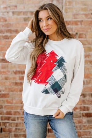 White Pearl Plaid Christmas Tree Patched Drop Shoulder Sweatshirt - Image 4