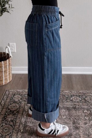Alternative view of Blue Stripe Contrasted Drawstring Pocketed Loose Jeans
