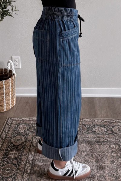 Alternative view of Blue Stripe Contrasted Drawstring Pocketed Loose Jeans