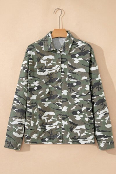 Green Camo Chest Pockets Loose Jean Jacket