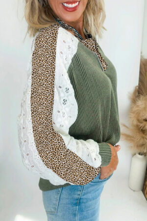 Vineyard Green Twisted Ribbed Leopard Lace Contrast Patchwork Long Sleeve Top - Image 2