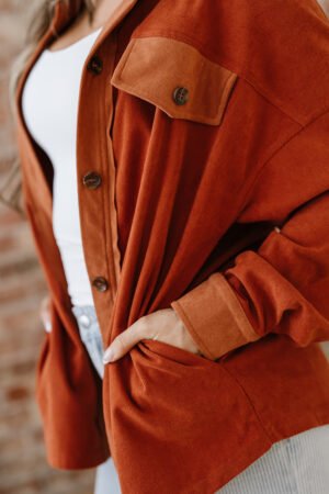 Gold Flame Velvet Flap Pockets Drop Shoulder Casual Shacket - Image 14