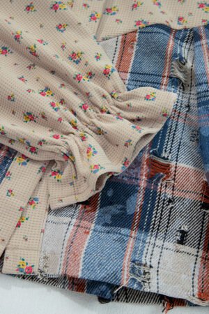 Ashleigh Blue Boho Floral Plaid Patchwork Distressed Detail Ruffled Sleeve Waffle Knit Shacket - Image 12