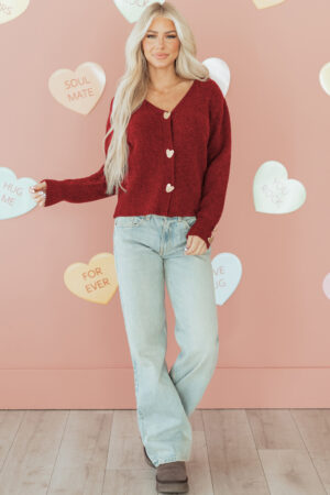 Fiery Red Heart Metal Button V Neck Cardigan Sweater - Image 5
