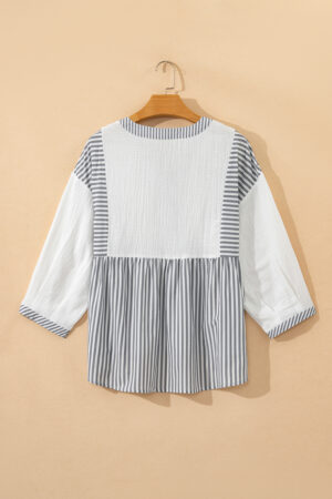 Gray Stripe Half Button Gauze Patchwork Bracelet Sleeve Babydoll Blouse - Image 6