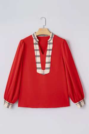 Racing Red Contrast Plaid Patchwork V Neck Long Sleeve Blouse - Image 2