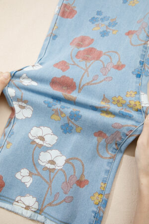 Sky Blue Floral Printed Raw Hem Shift Jeans - Image 10