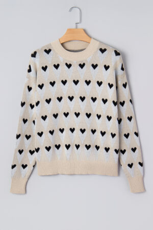 Parchment Geometric Heart Print Ribbed Trim Loose Sweater - Image 4