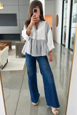 Gray Stripe Half Button Gauze Patchwork Bracelet Sleeve Babydoll Blouse - Image 2