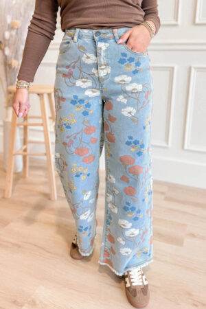 Sky Blue Floral Printed Raw Hem Shift Jeans - Image 4