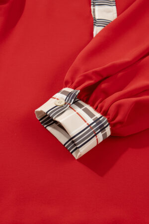 Racing Red Contrast Plaid Patchwork V Neck Long Sleeve Blouse - Image 6