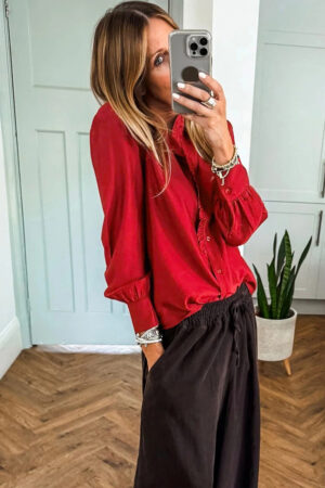 Fiery Red Frilled Trim Button Up Pleated Long Sleeve Shirt - Image 2