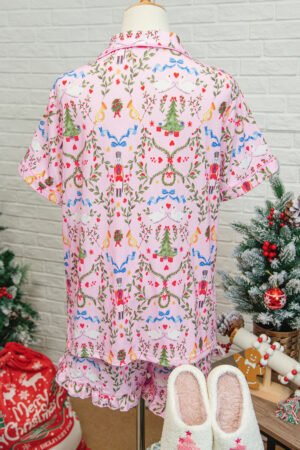 Pink Nutcracker Doll Christmas Print Ribbon Tie Waist Short 2pcs Pajama Set - Image 5